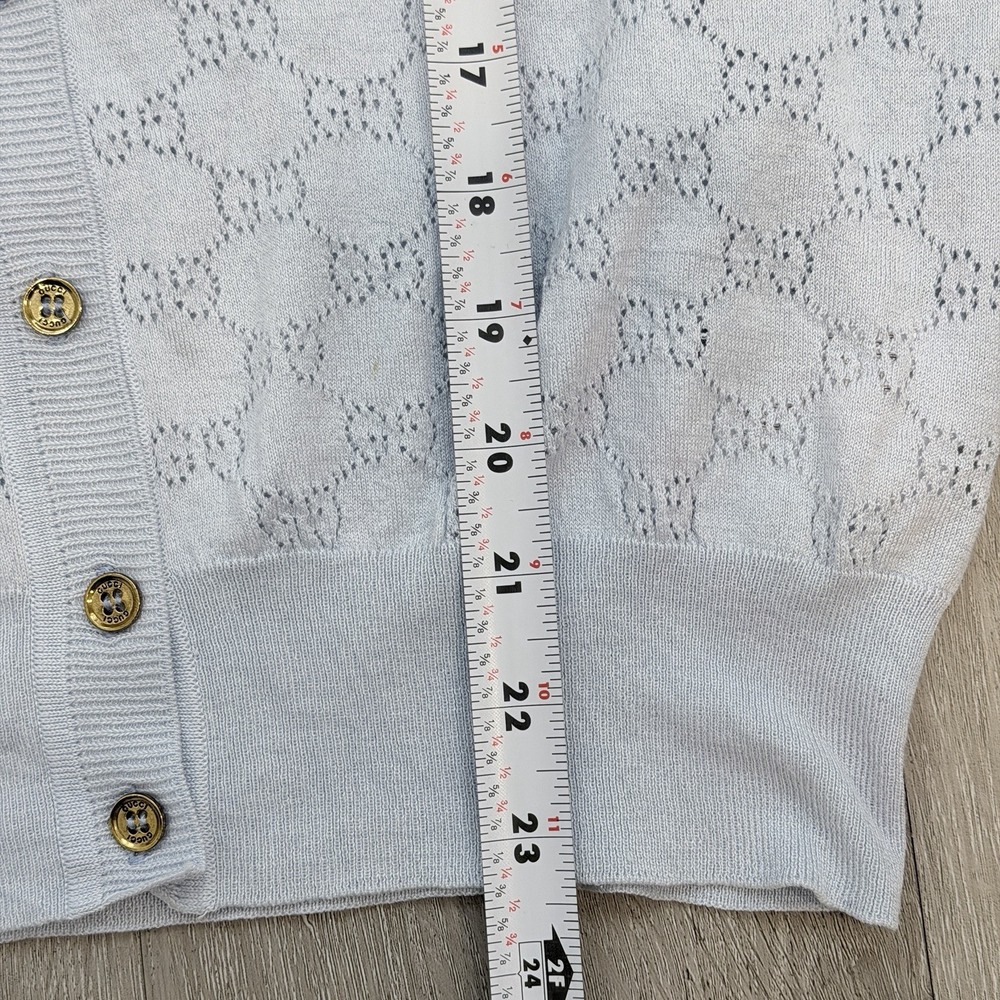 Gucci Womens M Silk Cotton Pointelle Cardigan Light Blue Gold Logo Buttons Italy - Picture 10 of 10